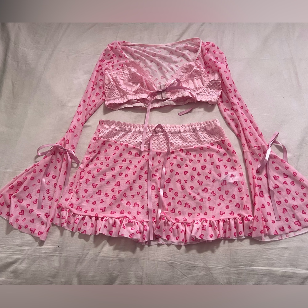 Pink Coquette Heart-Print Two-Piece Bell Sleeve Set